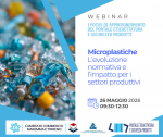 L'immagine presenta una grafica pulita con toni azzurri e bianchi, accompagnata da una foto di piccoli frammenti di plastica colorata. In calce sono presenti i loghi della Camera di Commercio Maremma e Tirreno, del Laboratorio Chimico CCIAA Torino e del Portale Etichettatura e Sicurezza Prodotti.
