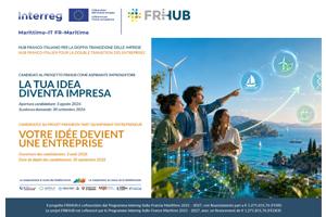 Locandina informativa del progetto Interreg Italia-Francia Marittimo FR-HUB: Hub franco-italiano per la doppia transizione delle imprese. Presenta il bando "Candidati al progetto FRHUB come aspirante imprenditore - La tua idea diventa impresa" (in italiano e francese). Apertura candidature: 5 agosto 2024. Scadenza domande: 30 settembre 2024. L'immagine mostra due giovani professionisti con tablet che osservano un paesaggio costiero con icone digitali e green.