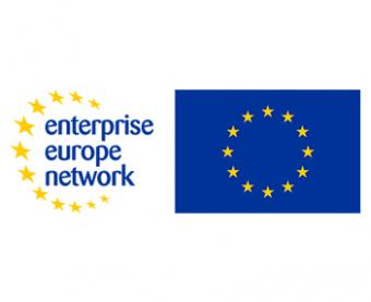 Logo dell'Enterprise Europe Network, composto da un semicerchio di stelle gialle che racchiude il testo blu, affiancato a destra dalla bandiera ufficiale dell'Unione Europea.