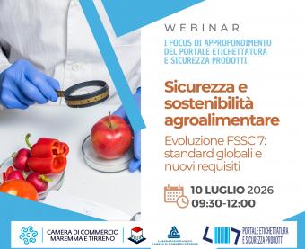 Grafica del webinar "Sicurezza e sostenibilità agroalimentare" del 10 luglio 2026. Mostra una mela esaminata alla lente e i loghi dei promotori in calce.