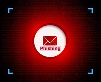 Icona di una busta da lettere con la scritta 'Phishing' all'interno di un cerchio su sfondo rosso.