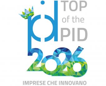 Logo "Top of the PID 2026 - Imprese che innovano". Grafica stilizzata in azzurro, grigio e verde con elementi geometrici a mosaico. Include la sigla "pid", l'anno "2026" e il claim "IMPRESE CHE INNOVANO".